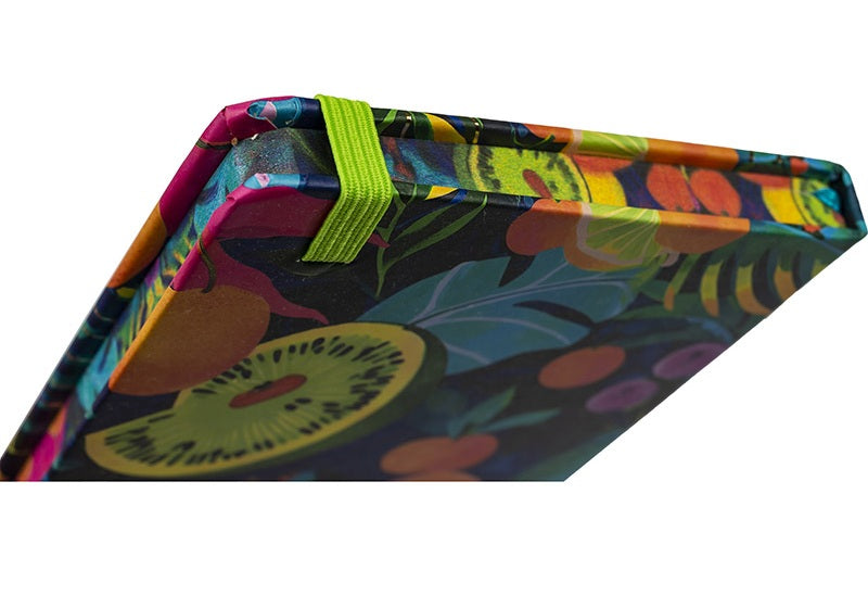 Užrašų knygelė FRUITS, A7, 80 lapų, 77 gsm, linija, kietu viršeliu, su skirtuku ir gumele