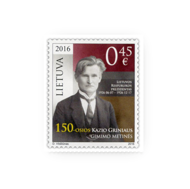 Pašto ženklas „Kazio Griniaus 150-osios gimimo metinės“