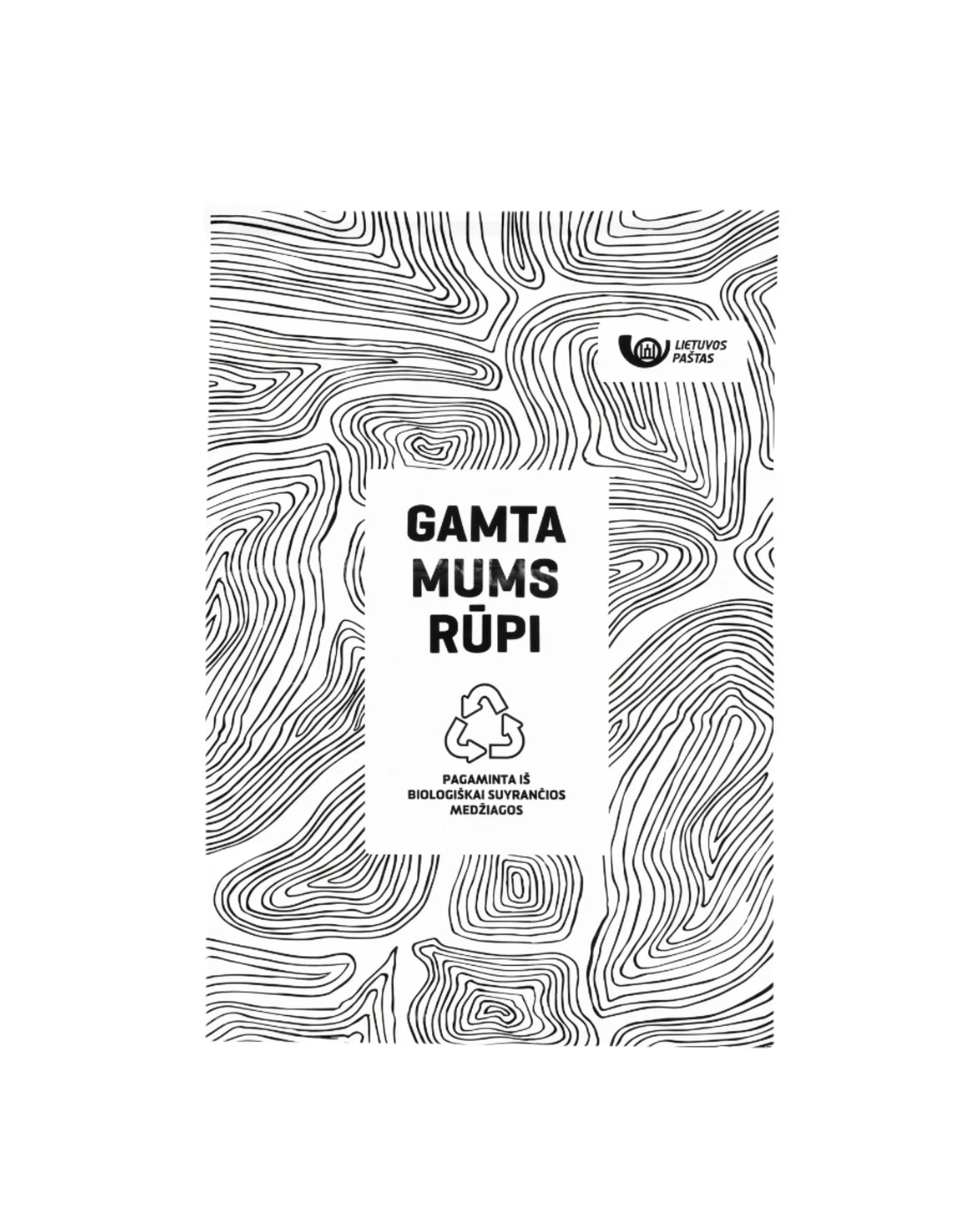 Siuntinių maišelis su užrašu GAMTA MUMS RŪPI ir Lietuvos pašto logotipu