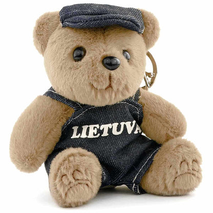 Minkštas meškiukas „LIETUVA“ – kuprinės ir raktų pakabukas su džinsiniu kostiumėliu