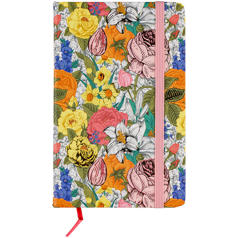 Užrašų knygelė FLOWERS, A6, 80 lapų, 77 gsm, linija, kietu viršeliu, su skirtuku ir gumele
