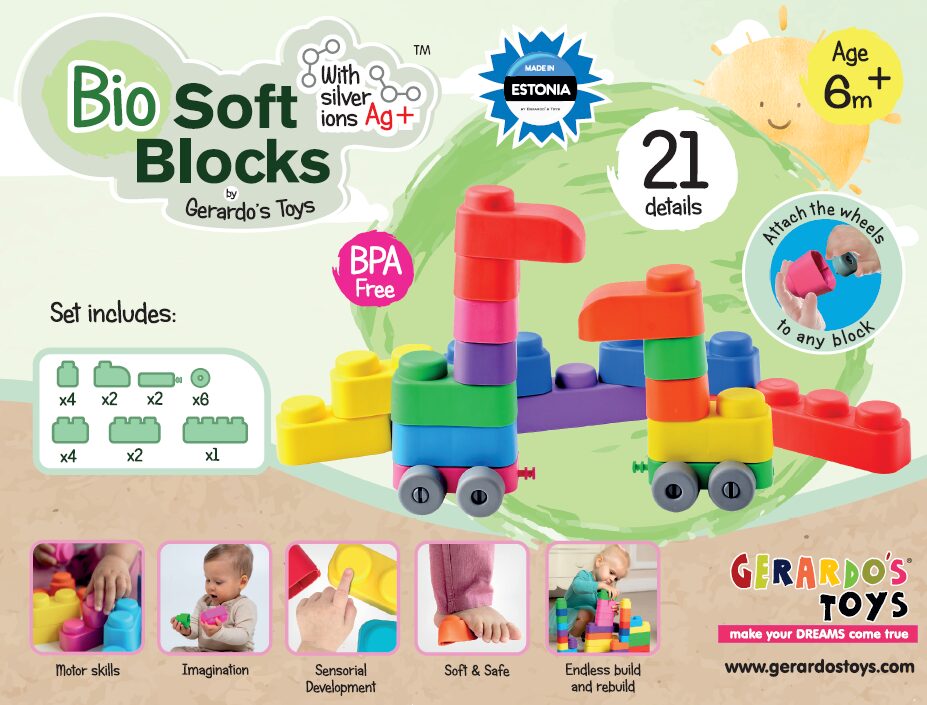 Konstruktorius BIO Soft Blocks su ratukais