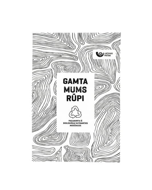 Siuntinių maišelis su užrašu GAMTA MUMS RŪPI ir Lietuvos pašto logotipu